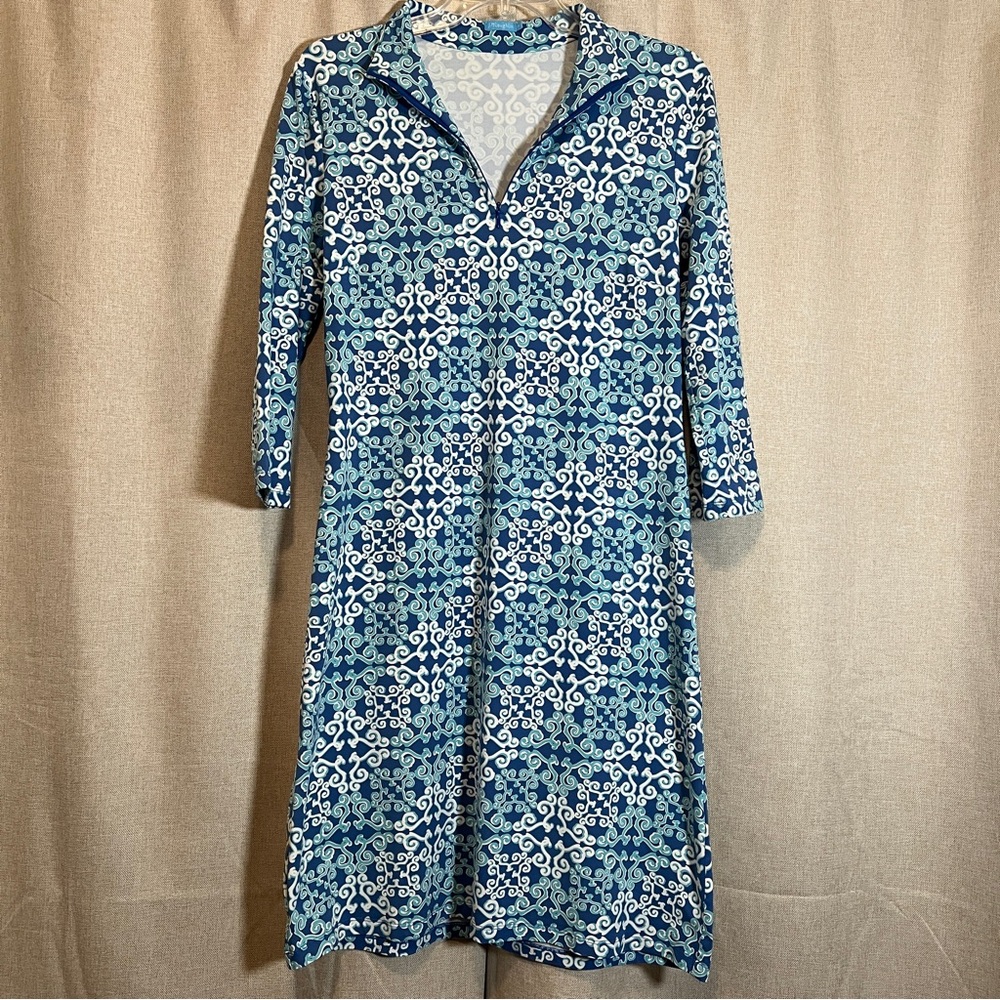 J. McLaughlin Blue and White 3/4 Sleeve Catalina Cloth Dress Size Medium